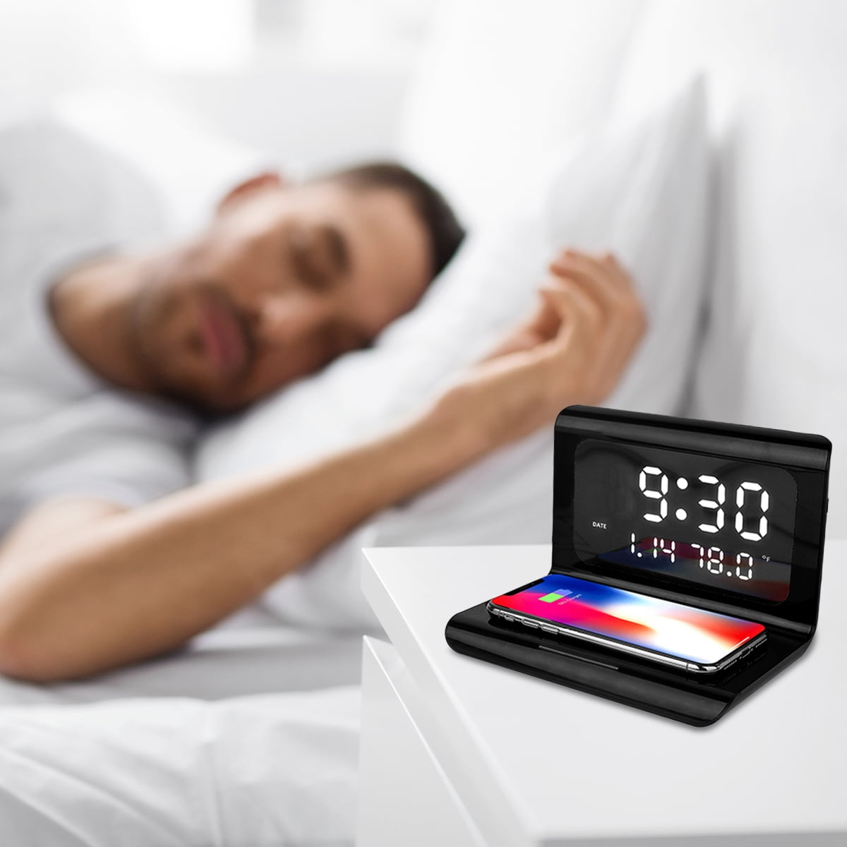Zunammy Alarm Clock with 10W Wireless Charging and LED Display Thermometer - Black