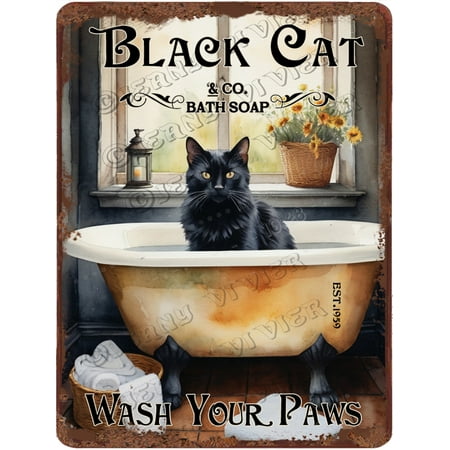 Funny Black Cat Decor Vintage Bathroom and Bathtub Metal Tin Sign Decor Pet lovers Gift Farm Home Bar Bathroom Man Cave Retro Wall Art Poster Sign Accessories 12 x16