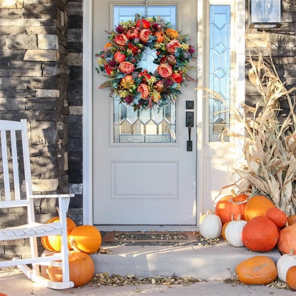 HmNPlay Reusable 16" Farmhouse Style Fall Wreath with Peony and Pumpkin for Halloween Decor, Autumn Front Door, Window, Indoor Outdoor Festive Home Décor