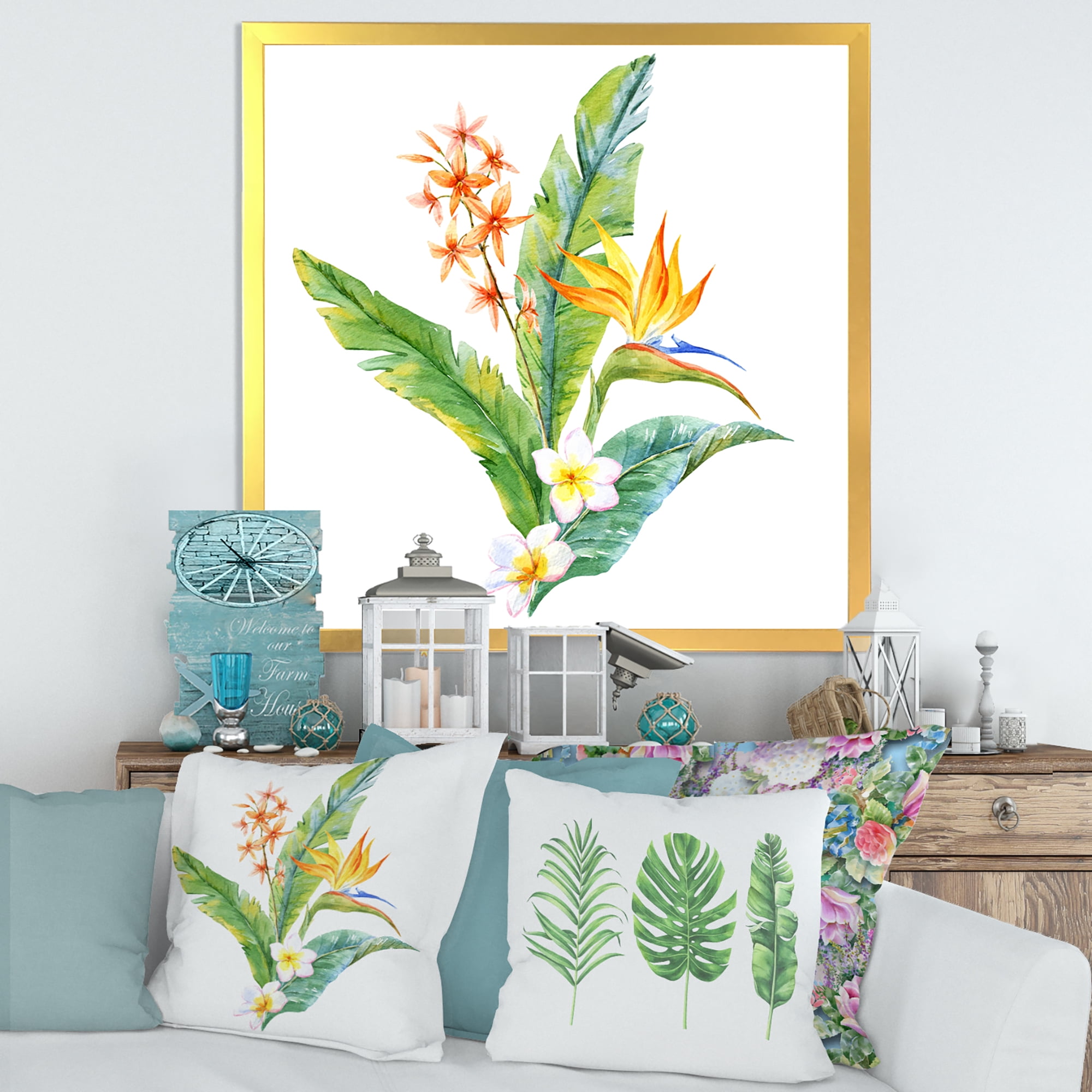 Designart 'Green Leaves With Tropical Yellow Flowers I' Traditional Framed Art Print