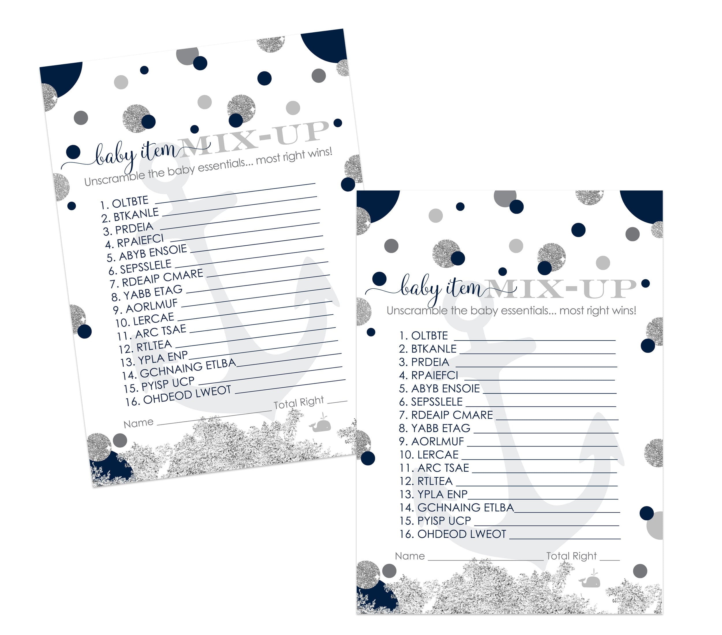 Ahoy Baby Shower Word Scramble Game Pack of 25 Unscramble Activity Cards Gender Reveal Boys Navy Blue and Silver Theme Nautical - 5x7 Size Set Printed - Paper Clever Party