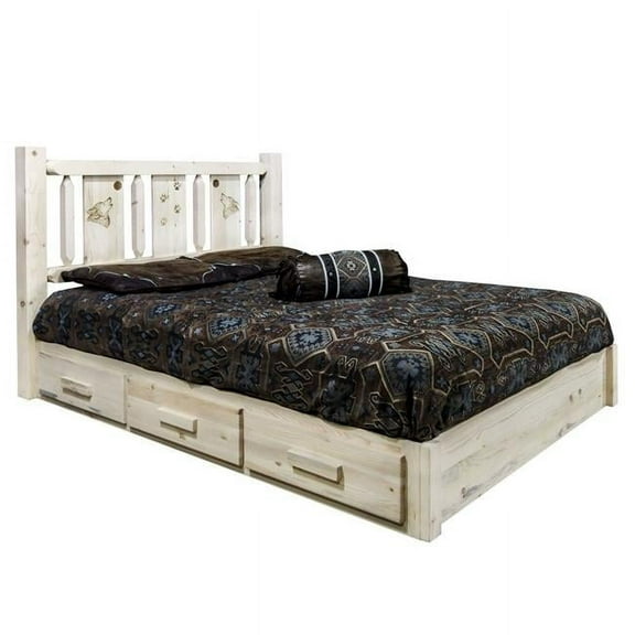 Homestead Collection Platform Bed w/ Storage, Twin w/ Laser Engraved Wolf Design, Ready to Finish