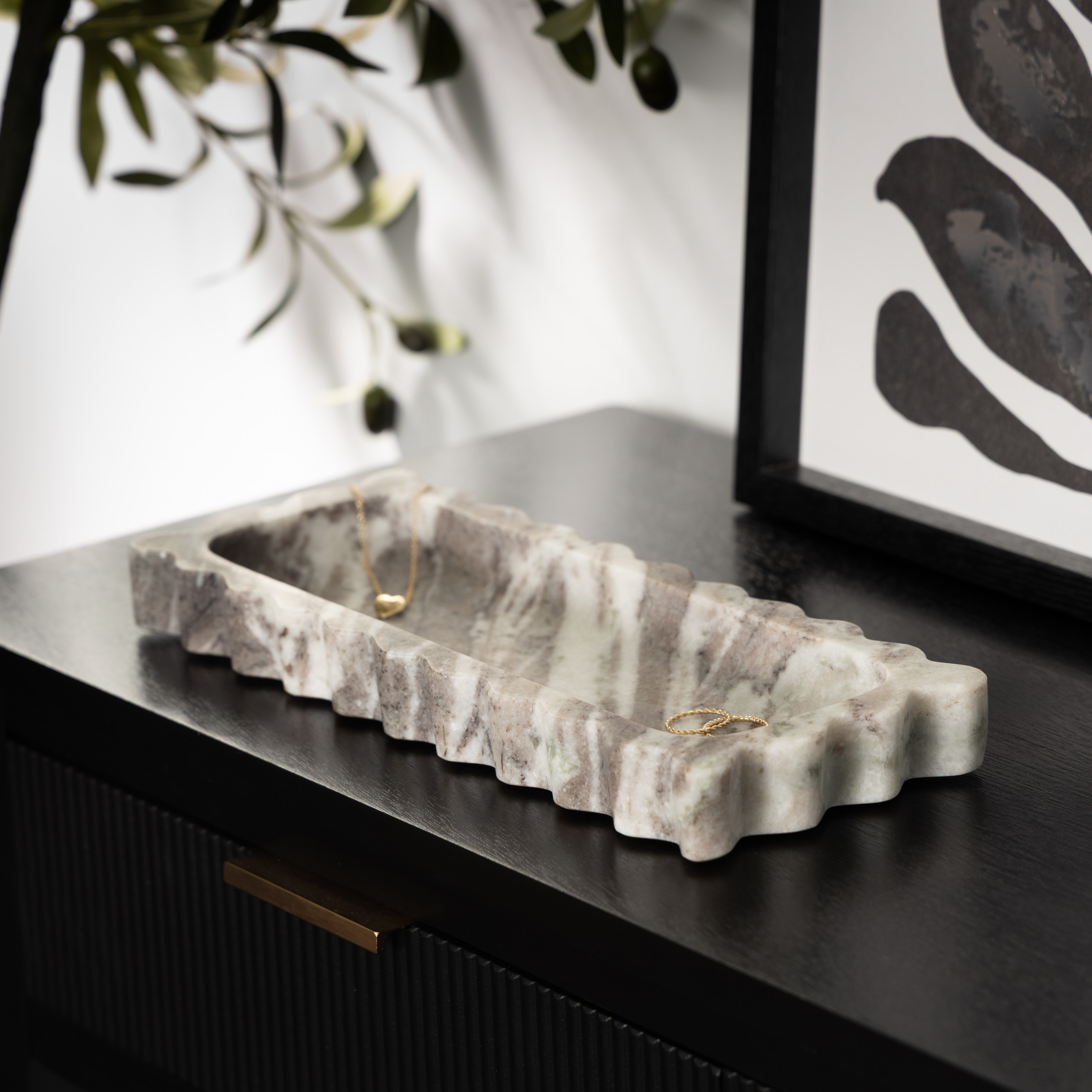 DecMode 12" x 5" Gray Marble  Tray with Brown Swirl Pattern and Wavy Edges, 1-Piece