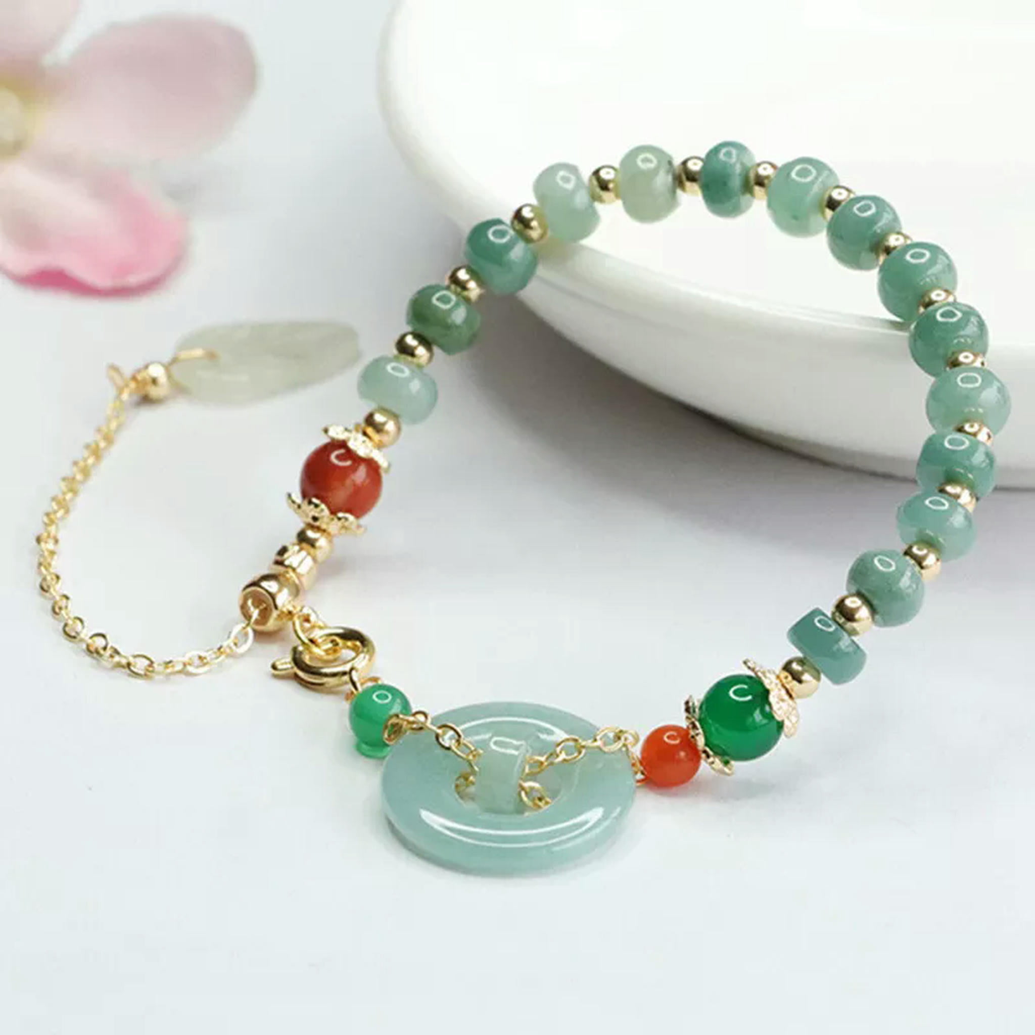 HOOUN A true A-grade 100% natural white green jade women's bead bracelet
