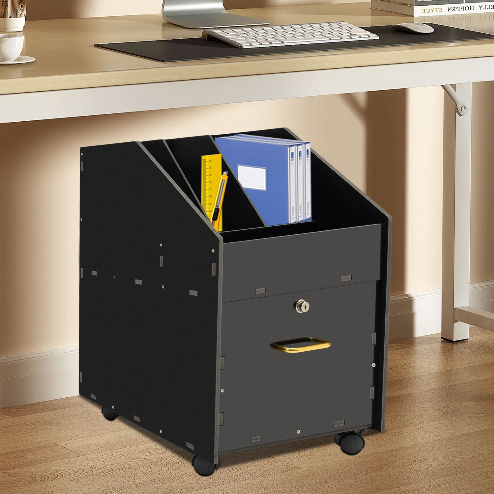 Mobile File Organizer W/Lock Under Desk Rolling File Cabinets Wood File Holder Black