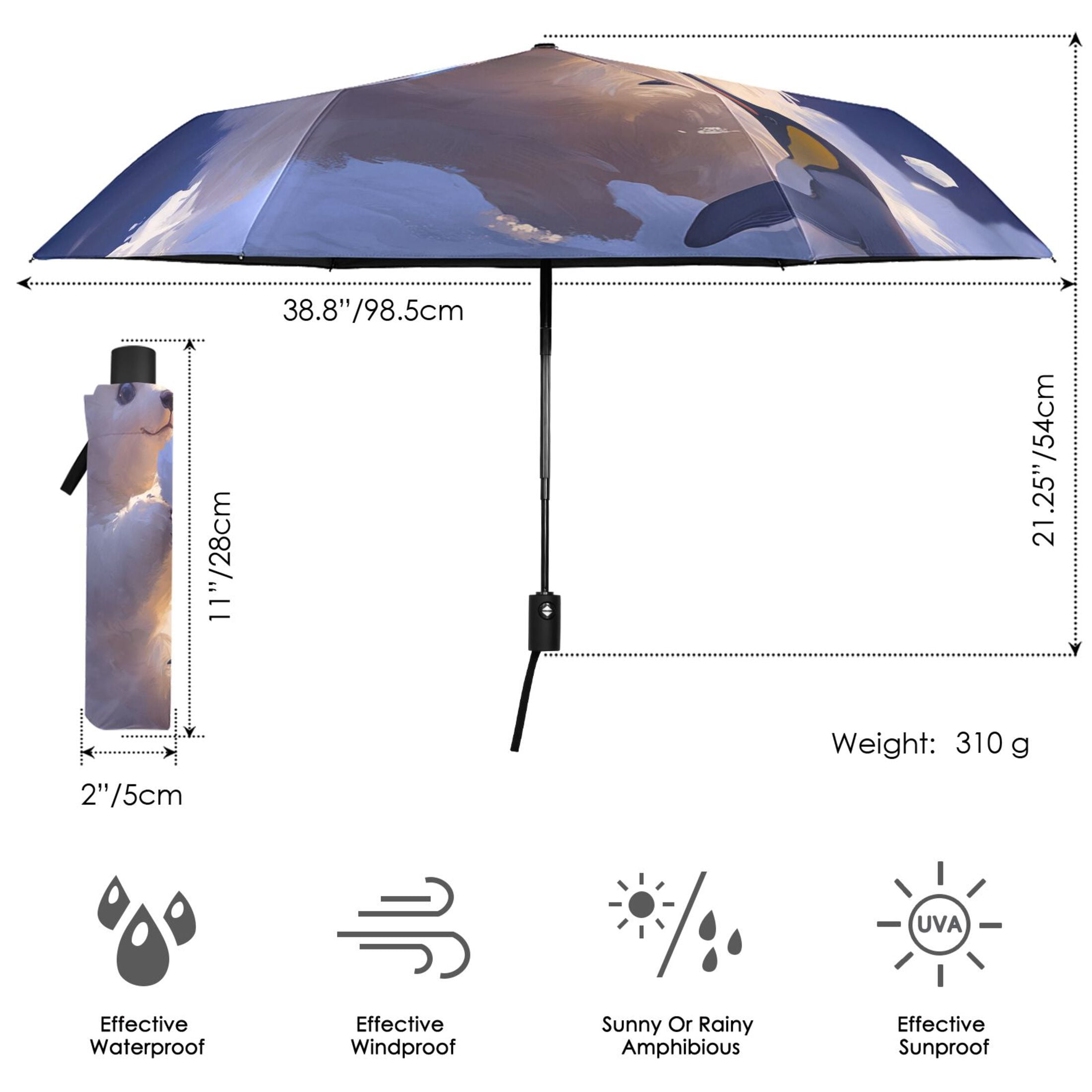 Penguin and Polar Bear Folding Umbrella UV50+ Waterproof Sun Protection Auto Open Close Compact Fiberglass Frame
