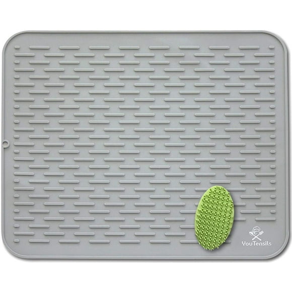 Tapete De Silicona Para Secar Platos Y Estropajo Xxl 21"" X18"" | Tapetes Y Salvamanteles Para Escurridor De Platos De Cocina Grises | Almohadilla De Drenaje Rápido Para Platos, Apta Para Alimentos (G