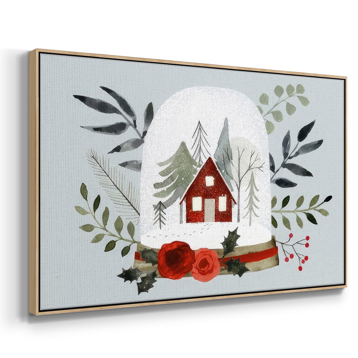 Snow Globe Village Collection A - Framed Gallery Wrapped Holiday Canvas - 25 x 37 - Natural Wood Frame