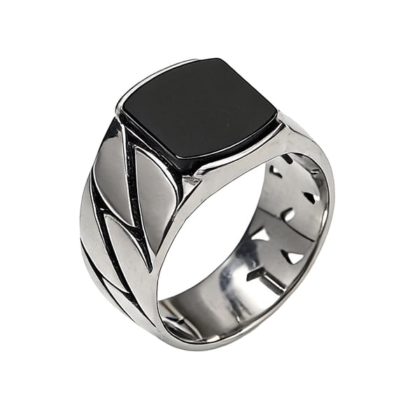 PAMTIER Mens Black Stone Style Ring Stainless Steel Signet Band Textured Statement Jewelry Modern Casual Accessory Gift for Him Size 12