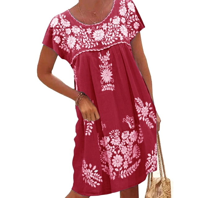 Daeful Robe Midi pour Femme à Col Rond, Robe d'Été de Plage, Fête, Manches Courtes, Tunique Décontractée, Rouge, 3TG