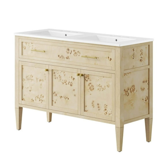 Double Sink Vanity Cabinet, Beige White, Wood, Hotel Bedroom Bathroom, Modern Contemporary HB34850