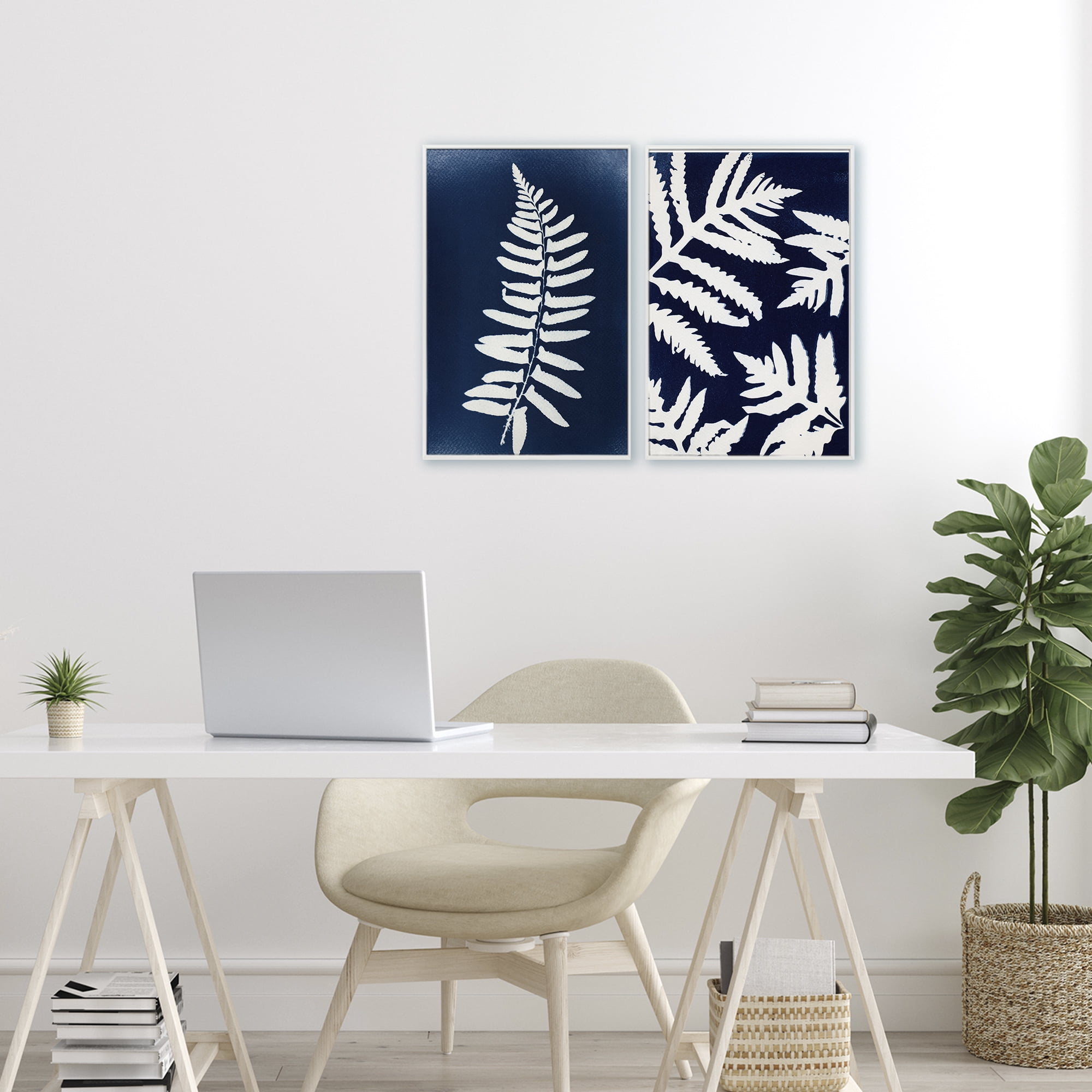 Stupell Industries Fern Leaves on Indigo 2 Piece White Framed Giclee Art Set, design by Lynn Byrd