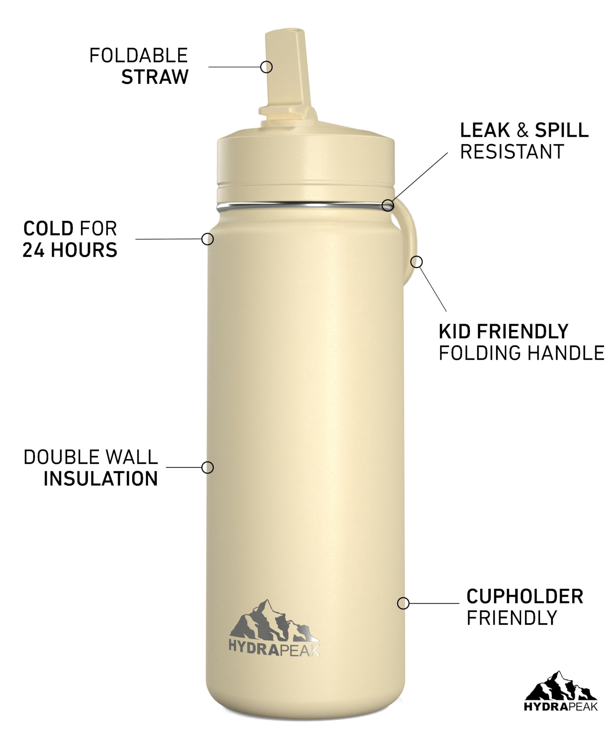 Hydrapeak Mini 20oz Kids Water Bottle with Straw Lid, Stainless Steel Double Wall Insulated Water Bottle for Kids | Leak-Proof and Spill-Proof Kids Water Bottle for School, Cold 24Hrs(Modern Cream)