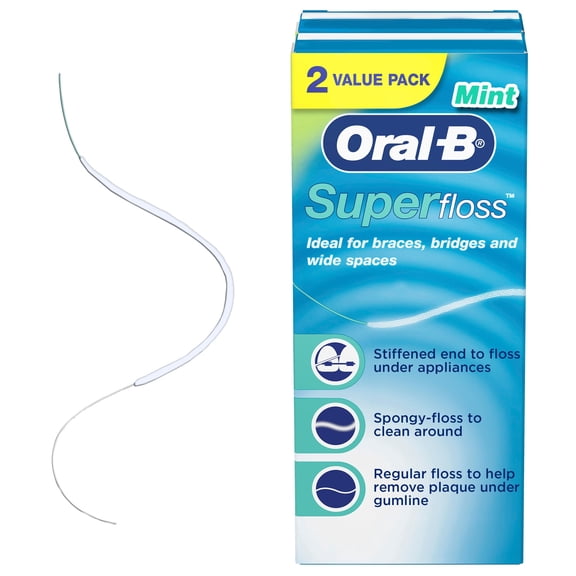 Oral-B Super Floss Pre-Cut Strands, Dental Floss for Bridges, Braces and Wide Spaces, 100 Strands
