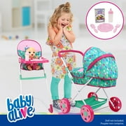 Baby Alive: Travel N' Feed Set - 7pcs - Green, Pink, Hearts - Stroller, Highchair, Bag, Feeding Accessories, Set For Dolls Up To 18, Kids Toy, Ages 3+