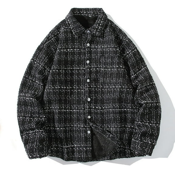 Mens Big & Tall Shirts Plus Size M-5X Fleece Lined Long Sleeve Shackets Button-Down Collared Mens Casual Plaid Printed Thermal Warm Shirt Jackets