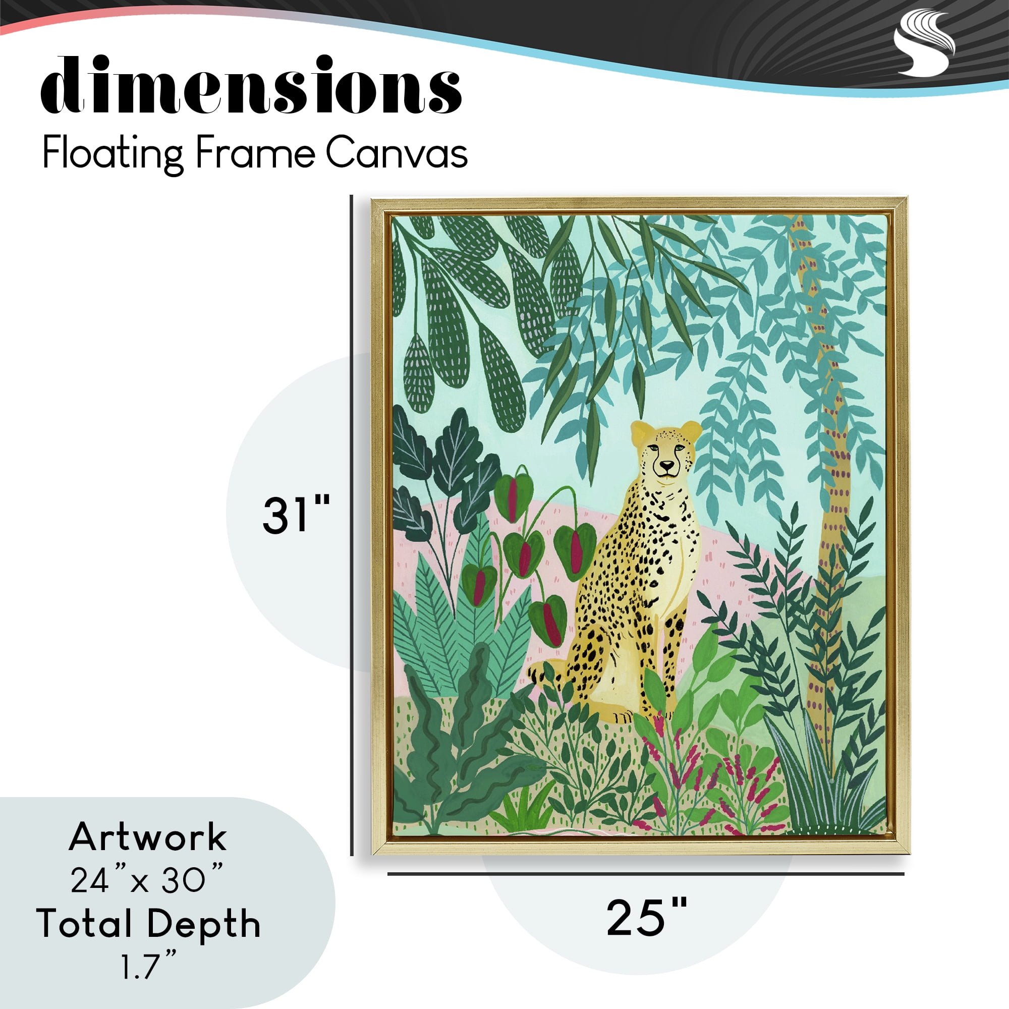 Stoic Leopard Tropical Forest Gold Framed Floater Canvas Wall Art, design by Nabeela Rumi