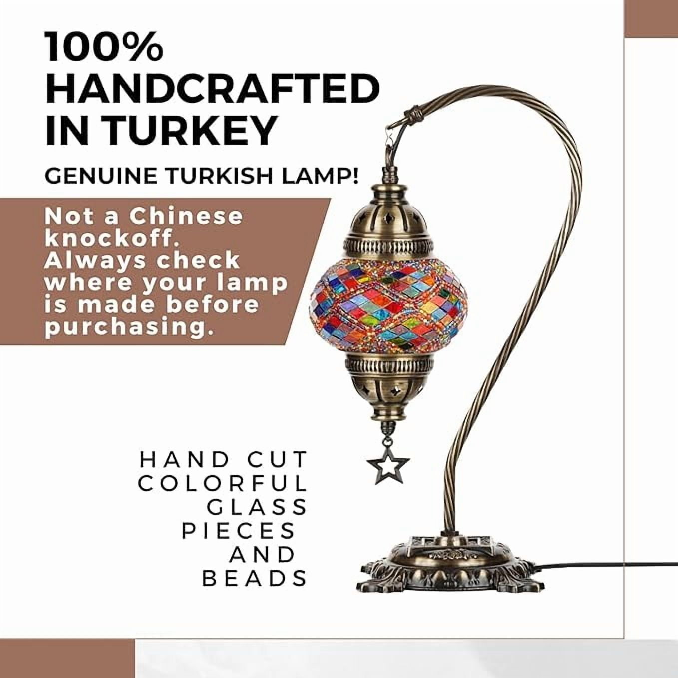 DEMMEX Authentic Turkish Mosaic Table Lamp, Handcrafted Bedside Accent Light, Antique Brass Metal Base, Vintage Moroccan Boho Decor Lamp, Multicolor