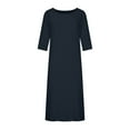 thumbnail image 4 of Cotton Linen Dress for Women Plus Size 3/4 Sleeve Round Neck Loose Fitting Solid Shift Midi Dresses, 4 of 4