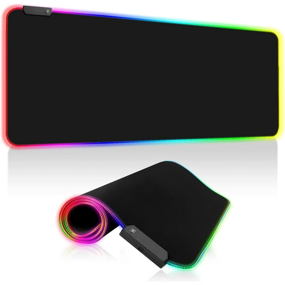 Gaming Mouse Mat, RGB, 800 x 300 mm, XXL Gaming Mouse Mat, Large, 14 Lighting Modes, 7 LED Colours, Waterproof, Non-Slip for Keyboard, Computer, PC, Gamer, Desk, Black