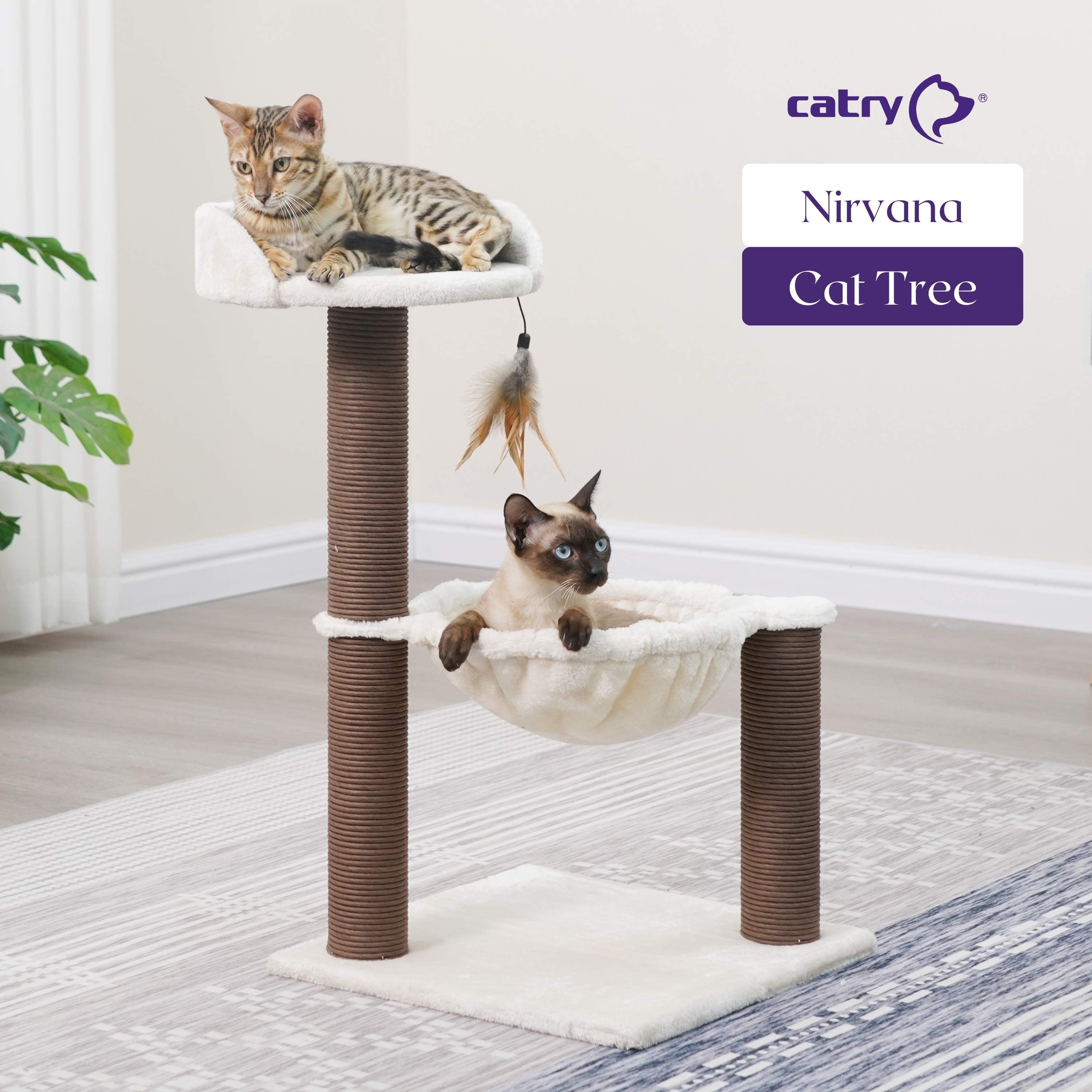 Catry 3-Level Cat Tree with Sisal Hammock, Plush Perch, Scratching Posts, Modern Design, Beige