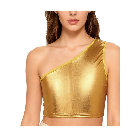 inlzdz Women's Shiny Metallic Crop Tops One Shoulder Holographic Tops for Rave Party Festival Clubwear Gold S