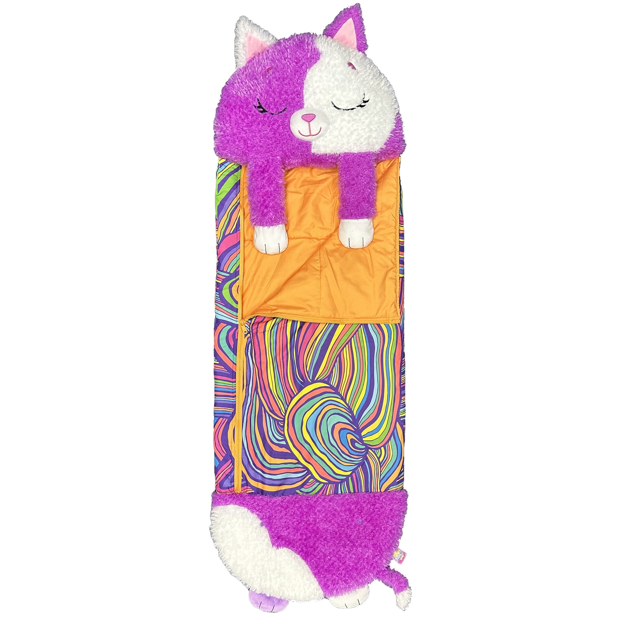 Happy Nappers: S4 Pillow & Sleepy Sack: Large - Purple & White Cat - 66x30", 2-in-1: Plush Animal Opens to Sleeping Bag, Play & Nap Character, Kids 3+
