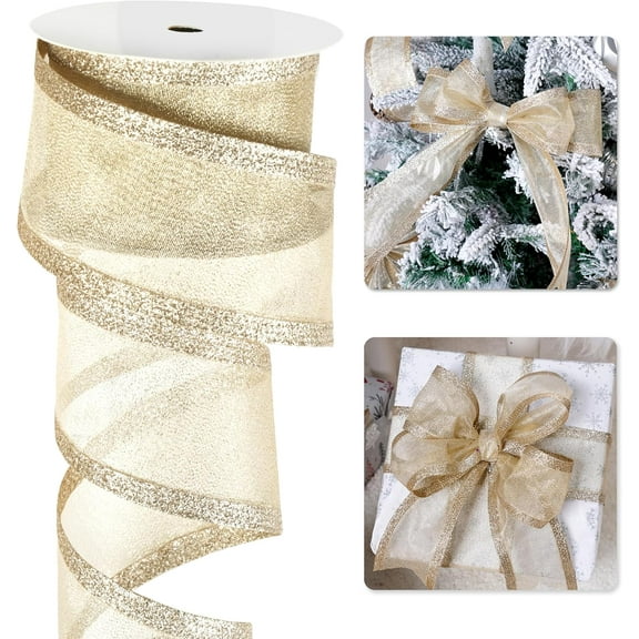 Champagne Christmas Ribbon Wired 2.5 Inch Champagne Gold Metallic Wired Ribbon with Glitter Stripe, Ribbon for Christmas Tree, Wreaths Supplies, Swag, Garland, Holiday Decor - 10 Yards