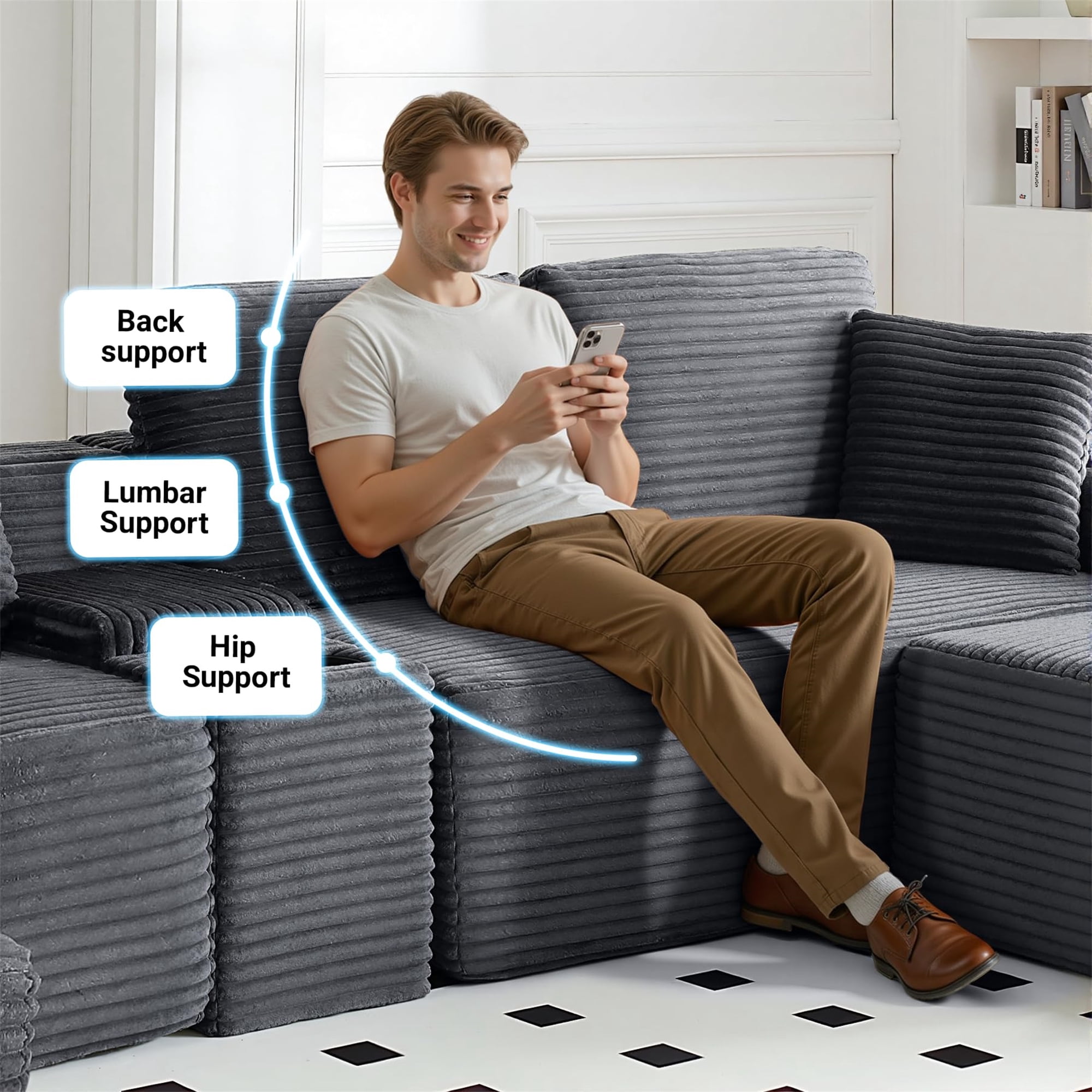 Aukfa 111" Cloud Sectional Sofa Deep Seat Boneless Couch with USB&Cupholdes Storage Console, Modular L-Shaped Couch for Living Room, Corduroy, Gray