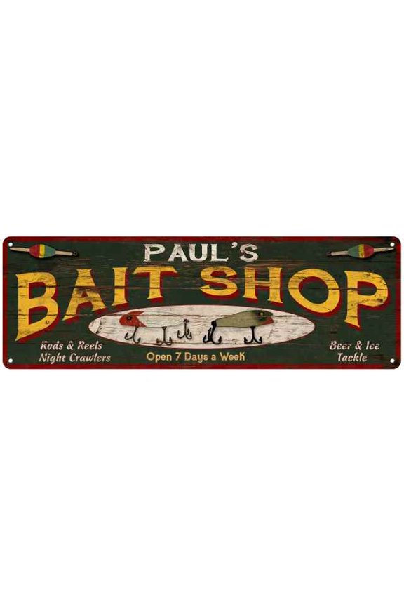 PAUL'S Bait Shop Sign Wood Look Man Cave Den Gift 6x18 Metal 106180024016