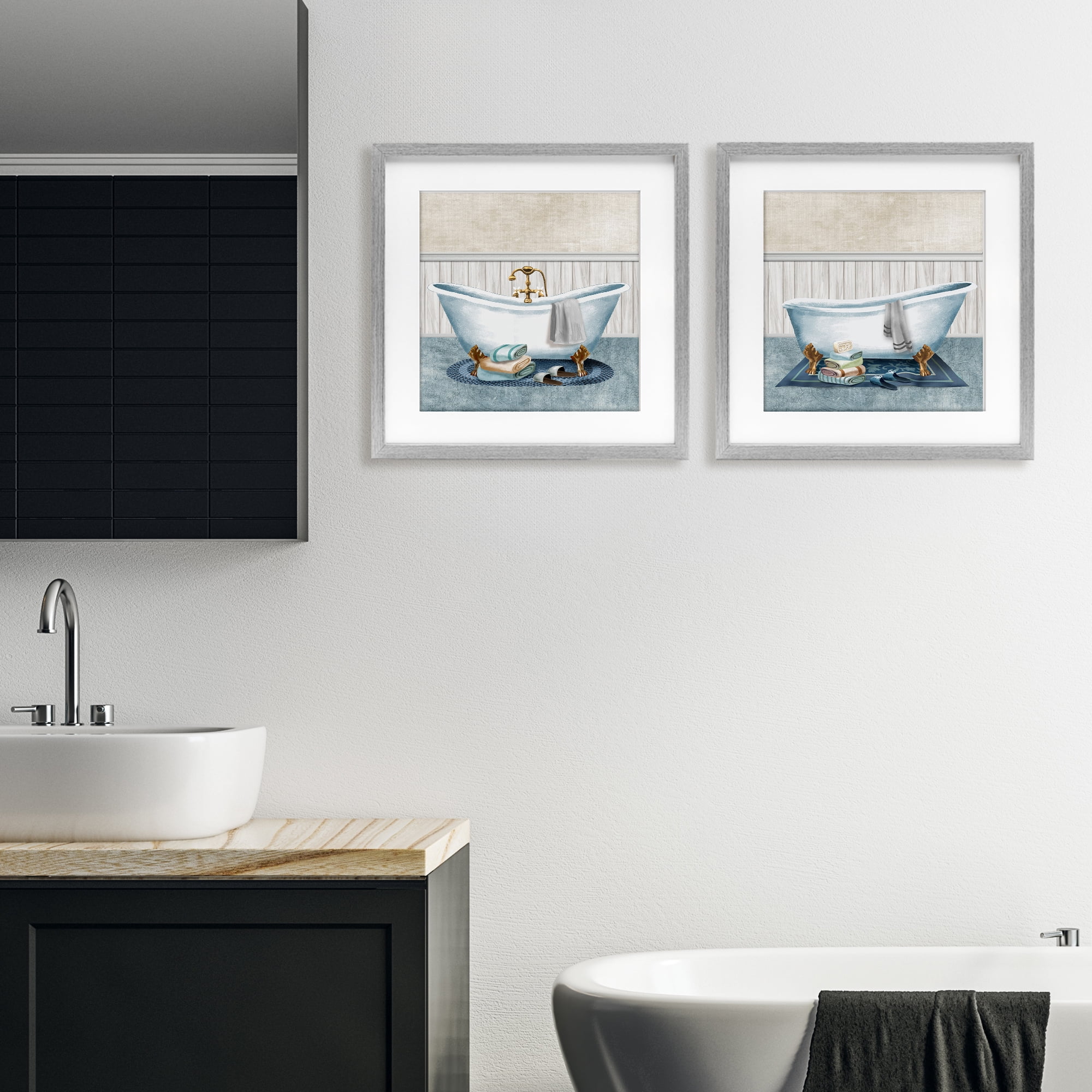 Stupell Industries Cozy Bathtub & Slippers 2 Piece Gray Framed Print Under Glass Set, design by Conrad Knutsen