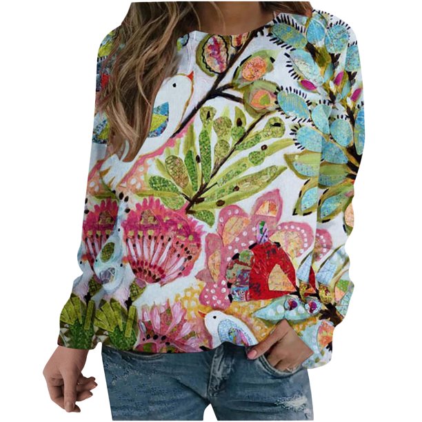 Camisas de mujer con estampado gráfico de manga larga con cuello redondo, sudadera, suéter, tops cómodos Fridja hkj1489