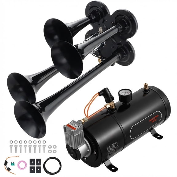 4 Trumpet Train Horn Kit, 150dB with 12V Compressor & 3L Air Tank, for Trucks, Cars, Vans, Boats