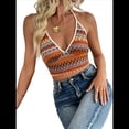 thumbnail image 1 of Camisolas de Punto para Mujer, de Verano, con Cuello Halter en V, A Rayas, Informales, Sin Mangas, para Playa, Vacaciones, Top Corto. Color Naranja XL, 1 of 7