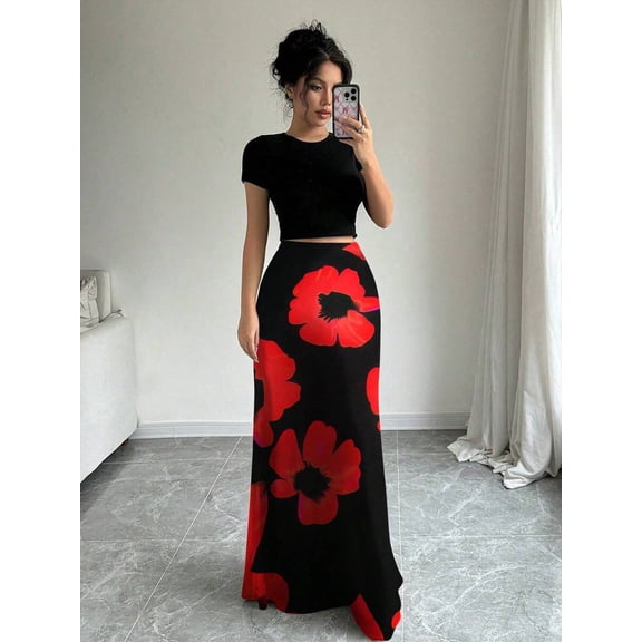 Red Floral Print Maxi Skirt For Women Casual Flowing High-Waist Long Skirt