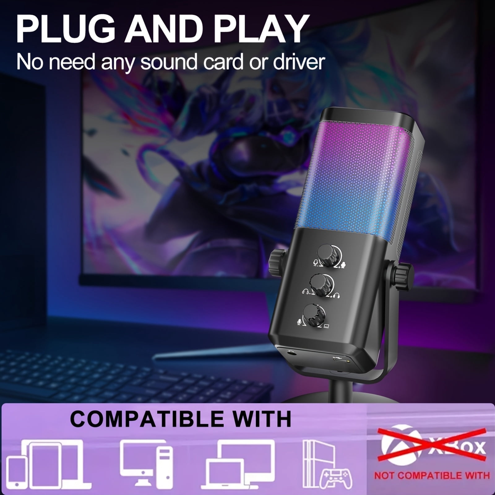RGB Gaming Microphone with AI Noise Cancellation, USB Type C Studio Condenser Mic for Streaming, Discord, Podcast, PC/PS5/Mac, Game Voice Balance & Monitoring