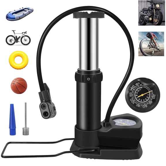 Portable Foot Pump with Gauge, 160 PSI Manual Bike Air Pump for Tires, Balls & Inflatables, Compatible with Presta and Schrader Valves