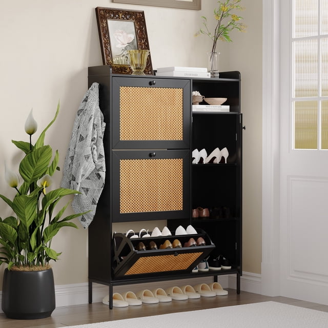 Ourlova 3 Tier Shoe Cabinet with Natural Rattan Flip Drawers for Entryway, Free Standing Shoe Storage Organizer with Adjustable Shelves, Narrow Shoe Rack