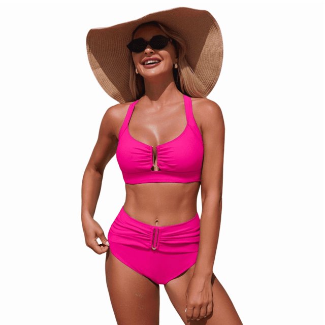IROOZIGOTO Two Piece Swimsuit Tummy Control Bathing Suit High Waisted U Neck Cutout Swimwear Ruched Solid Padded Bikini Sets Full Coverage Slimming Swimwear