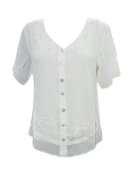 Mogul Women Ivory Tunic Blouse Top, Boho Soft Embroidered Button Front Summer Blouse Shirt M