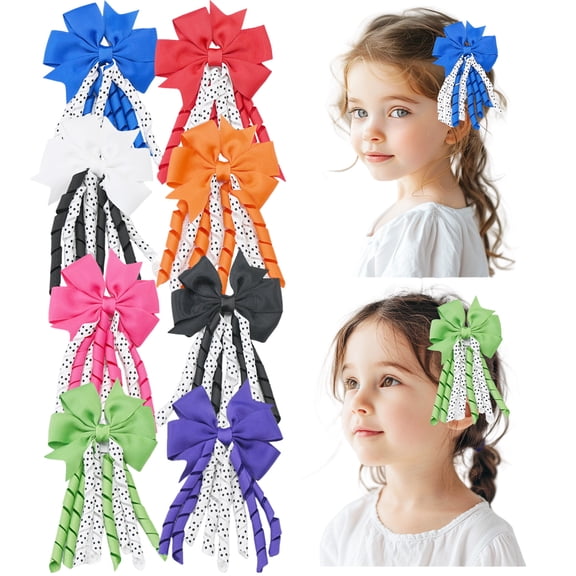 JoyBowie 8 Pcs 5.3 Inch Tassel Hair Bows Clips with Polka Dot Ruffles Grosgrain Ribbon Hair Accessories for Girls Toddlers Kids