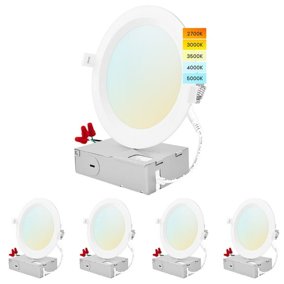 Luxrite 6 inch Ultra Thin LED Recessed Light J-Box 14W 5 Color Options Dimmable 1150 Lumens IC Rated Baffle 4 Pack