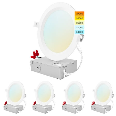 

Luxrite 6 inch Ultra Thin LED Recessed Light J-Box 14W 5 Color Options Dimmable 1150 Lumens IC Rated Baffle 4 Pack