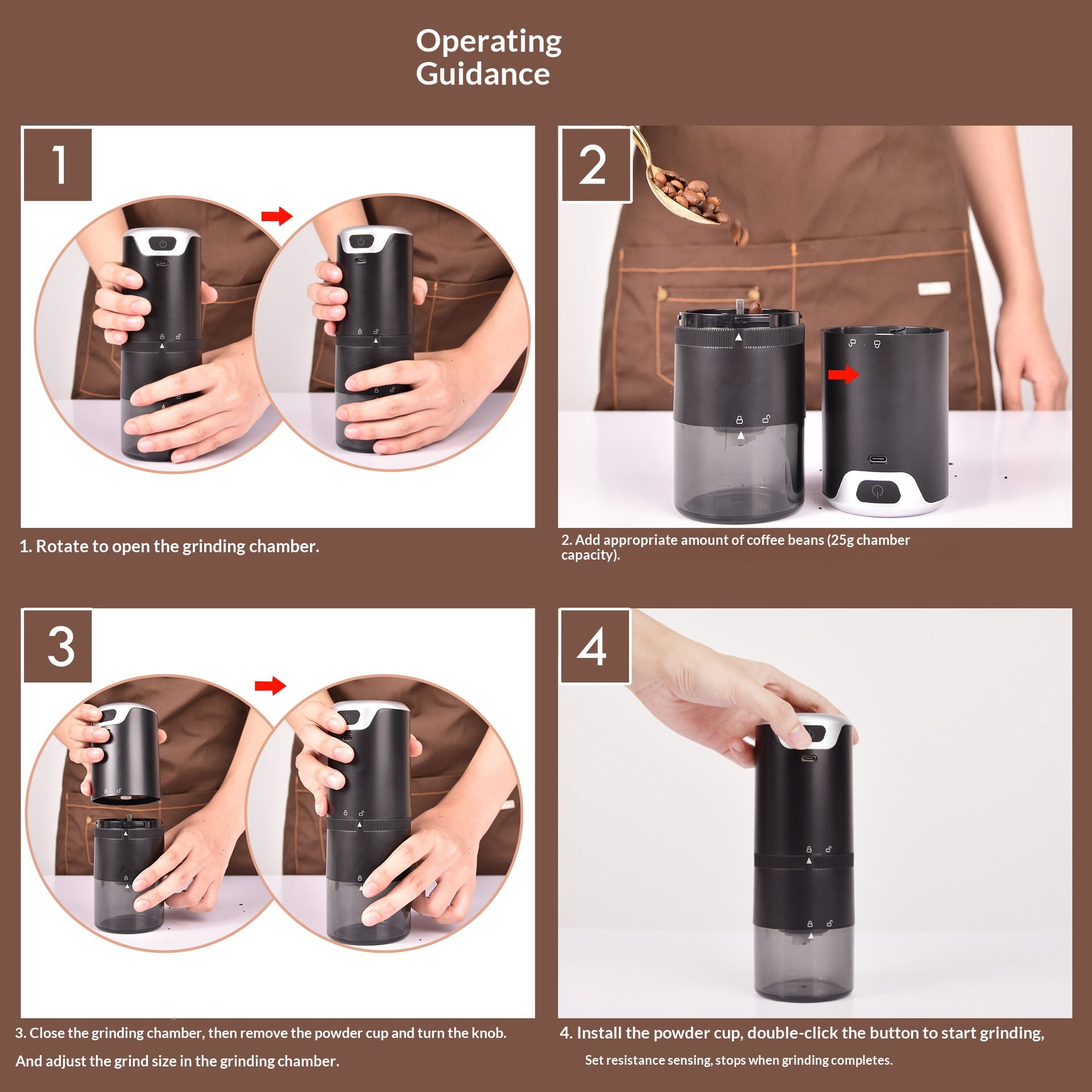Rechargeable Coffee Grinder - Cordless Coffee Grinder with Ceramic Burrs - Low Noise Battery Powered - Adjustable Grind Settings for Coarse to Fine - Portable for Travel w/USB-C Charging Cord Black