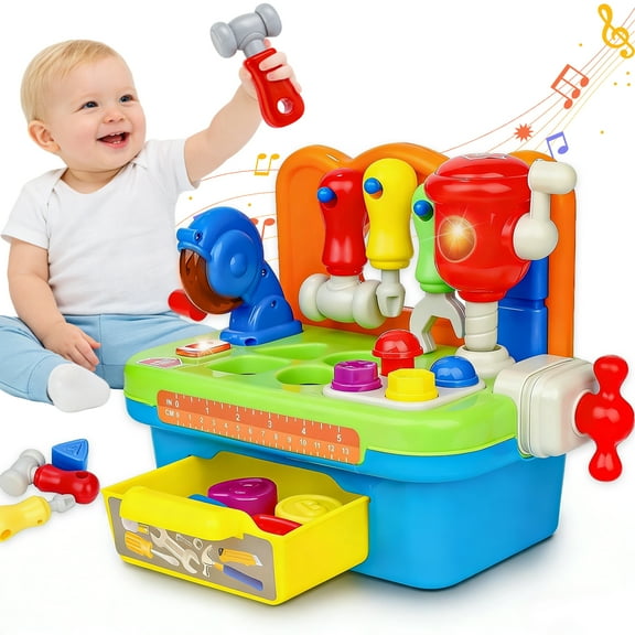 LieGorJi Construction Tools Toys for 1 Year Old Boy, Musical Toddler Tool Bench, Montessori Educational Toys with Sound Lights, Shape Sorter, 1 Year Old Boy Birthday Gift, Engineer Play Workbench