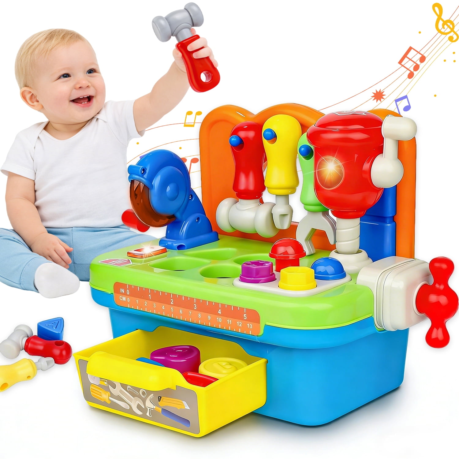 LieGorJi Construction Tools Toys for 1 Year Old Boy Musical Toddler Tool Bench Montessori Educational Toys with Sound Lights Shape Sorter 1 Year Old Boy Birthday Gift Engineer Play Workbench