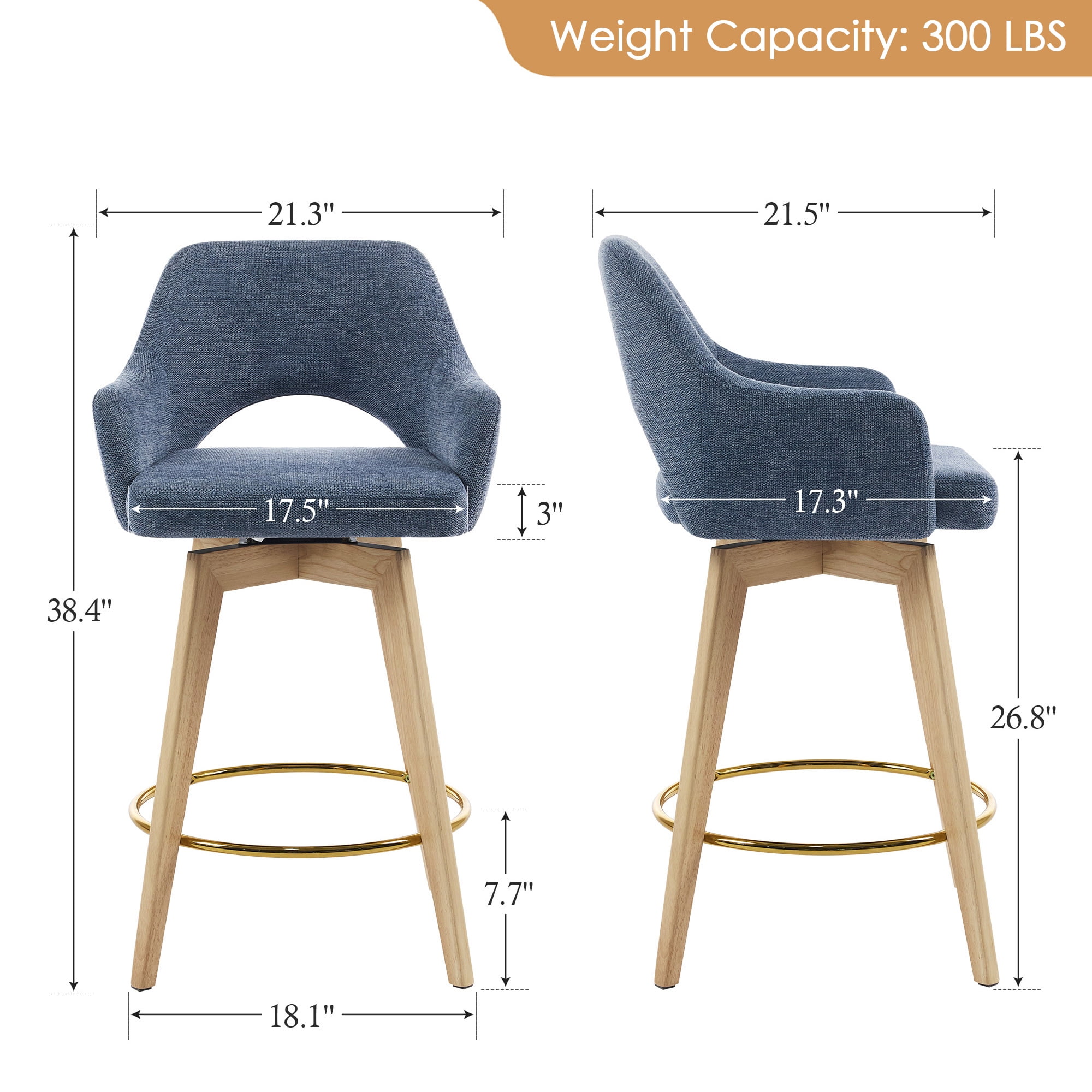 Zesthouse 26.8″ Swivel Counter Height Bar Stools Set of 2, Upholstered Linen Bar Stools with Back and Wood Legs, Mid Century Modern Barstool Island Chairs for Kitchen Counter, Blue