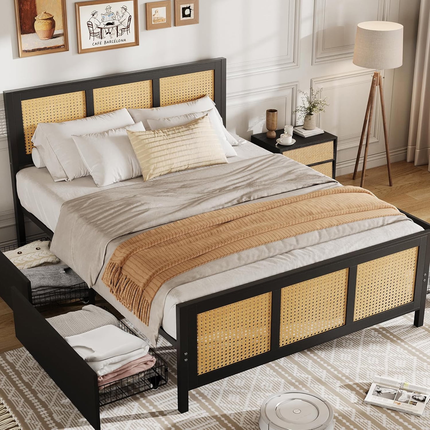 Tzou Rattan Bed Frame with Headboard & 4 Drawers - Boho Full Size Platform Bed, LED Lights, 800 lb Capacity, No Box Spring, Black