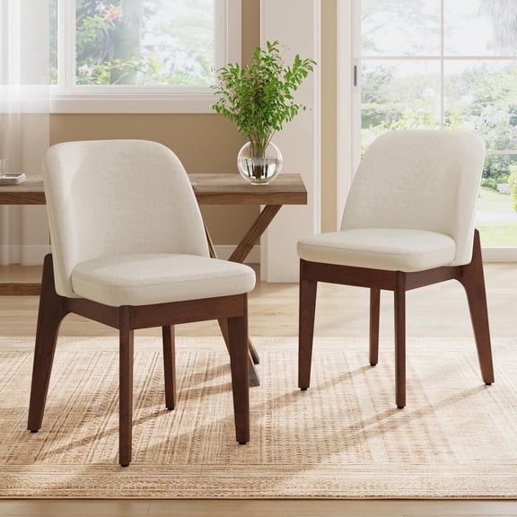 Vknow Wooden Dining Chairs, Linen Upholstered Dining Room Chairs with Solid Rubberwood Legs, Set of 2, Beige