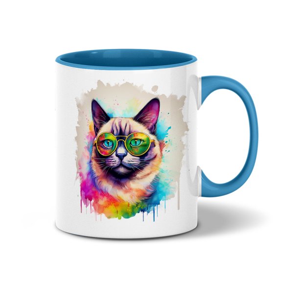 Hippie Siamese Portrait oil painting Watercolor Tie-dye Vintage 11oz Accent Two-tone Mug Cat Lover Kitten Owner Gifts Coffee Tea Cup - 00015